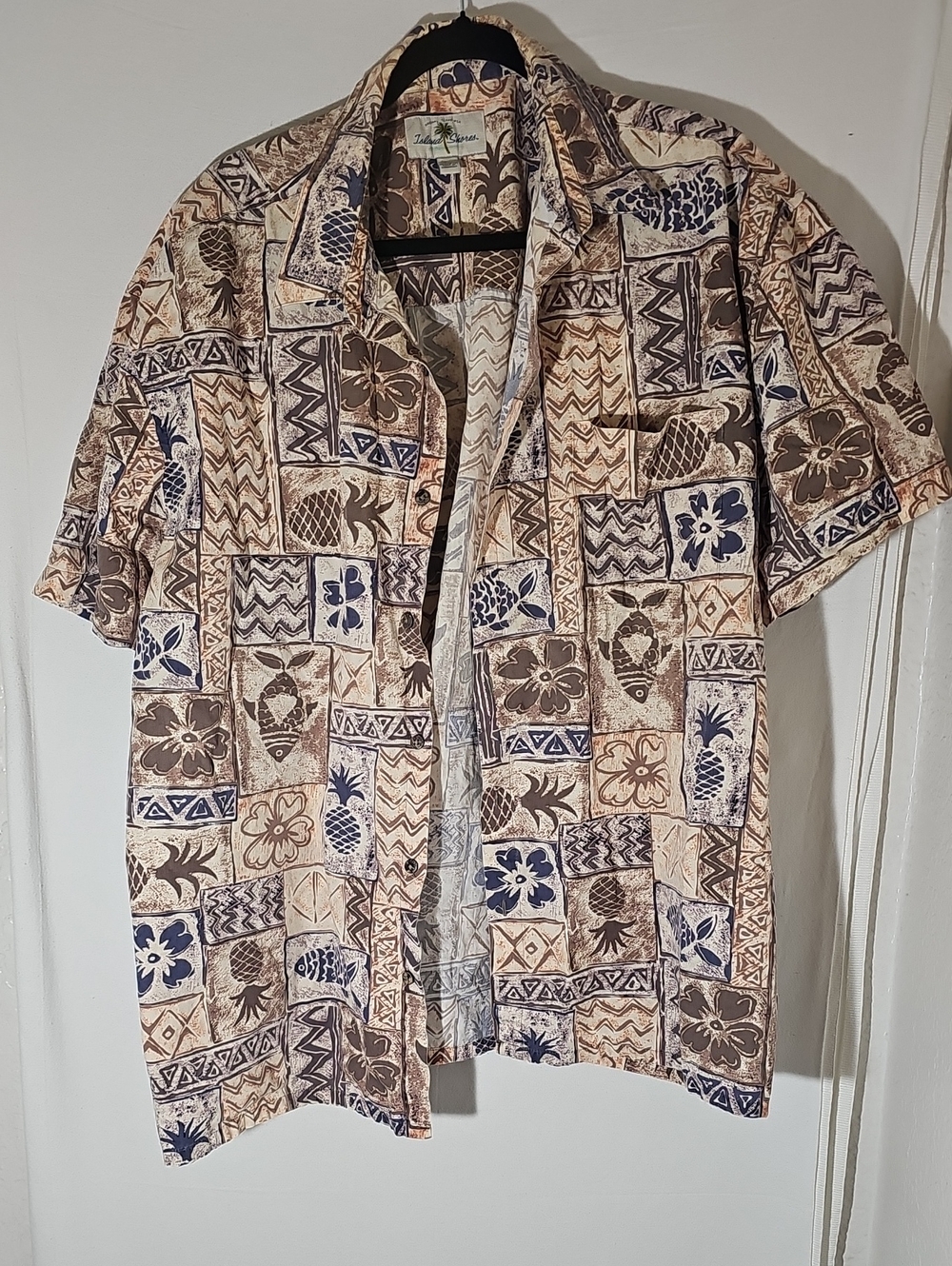 Men's Casual Tropical Button-Down Shirt - Navy & Beige